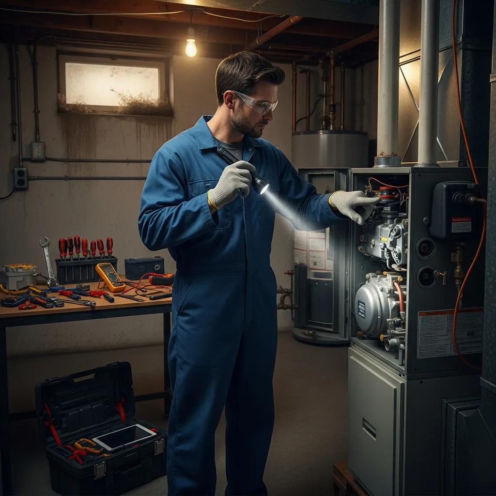 Technician checking a residential furnace during a repair