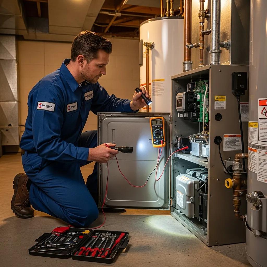 HVAC technician inspecting a furnace, emphasizing the need for professional repair services
