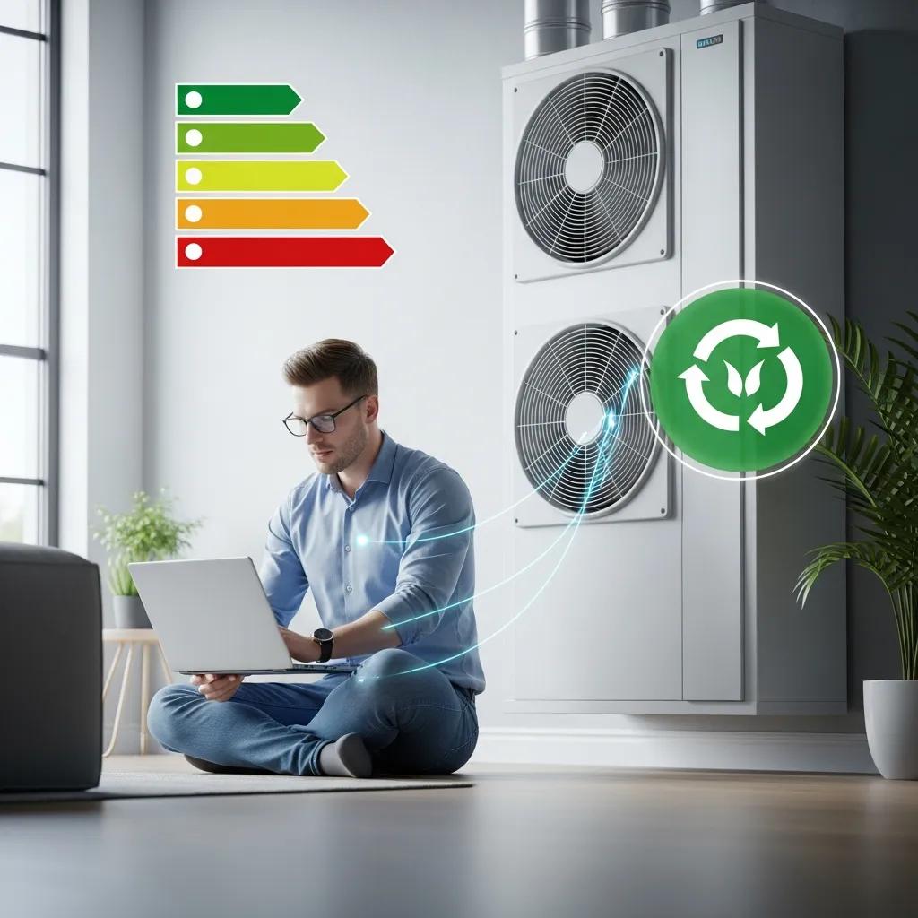 Energy-efficient HVAC system installed in a modern home with energy efficiency labels